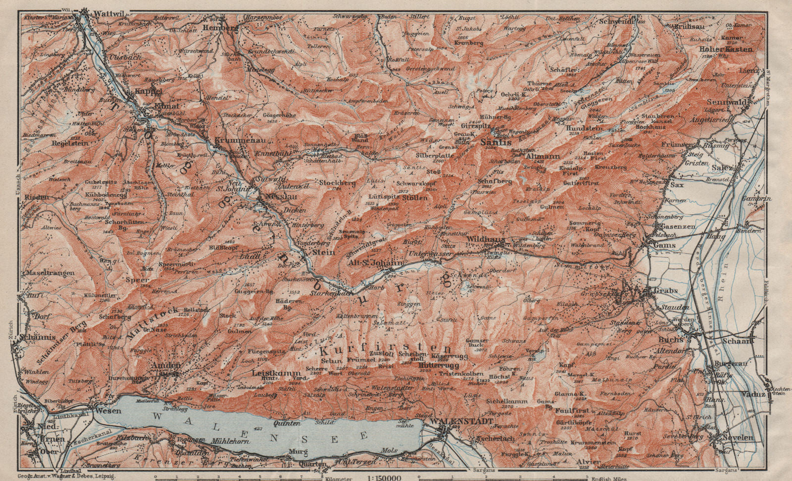 THUR VALLEY.Säntis Toggenburg Wildhaus Alt St Johann Unterwasser Grabs 1909 map